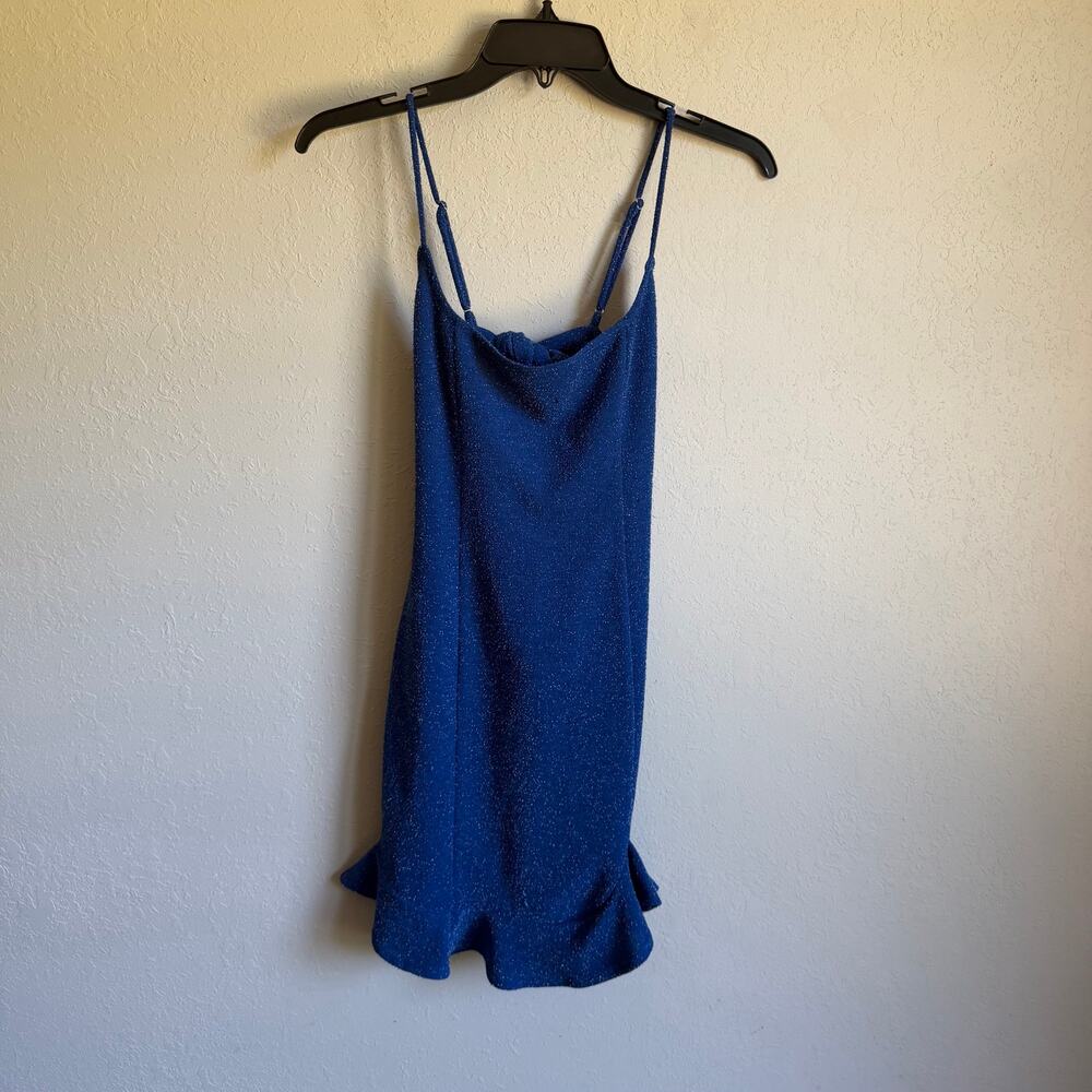 Lucy in the Sky Blue Silver Metallic Ruffled Hem Mini Dress Womens S Coquette